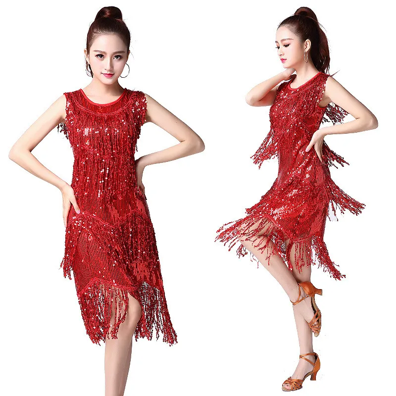 Shiny Pailletten Latin Dance Kleid für Erwachsene Frauen Mädchen Bühne Wettbewerb Tanzen Kostüm Quaste Ballsaal Dancewear Sänger Kleidung