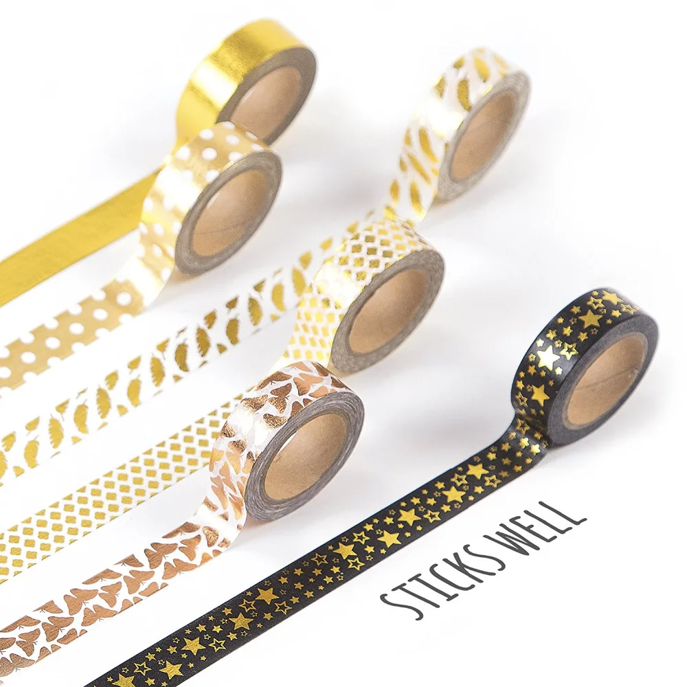 Gold Washi Tape Set 6 rolls, Decorative Craft Tapes Kit of Cute Patterns for Scrapbooking, DIY Projects