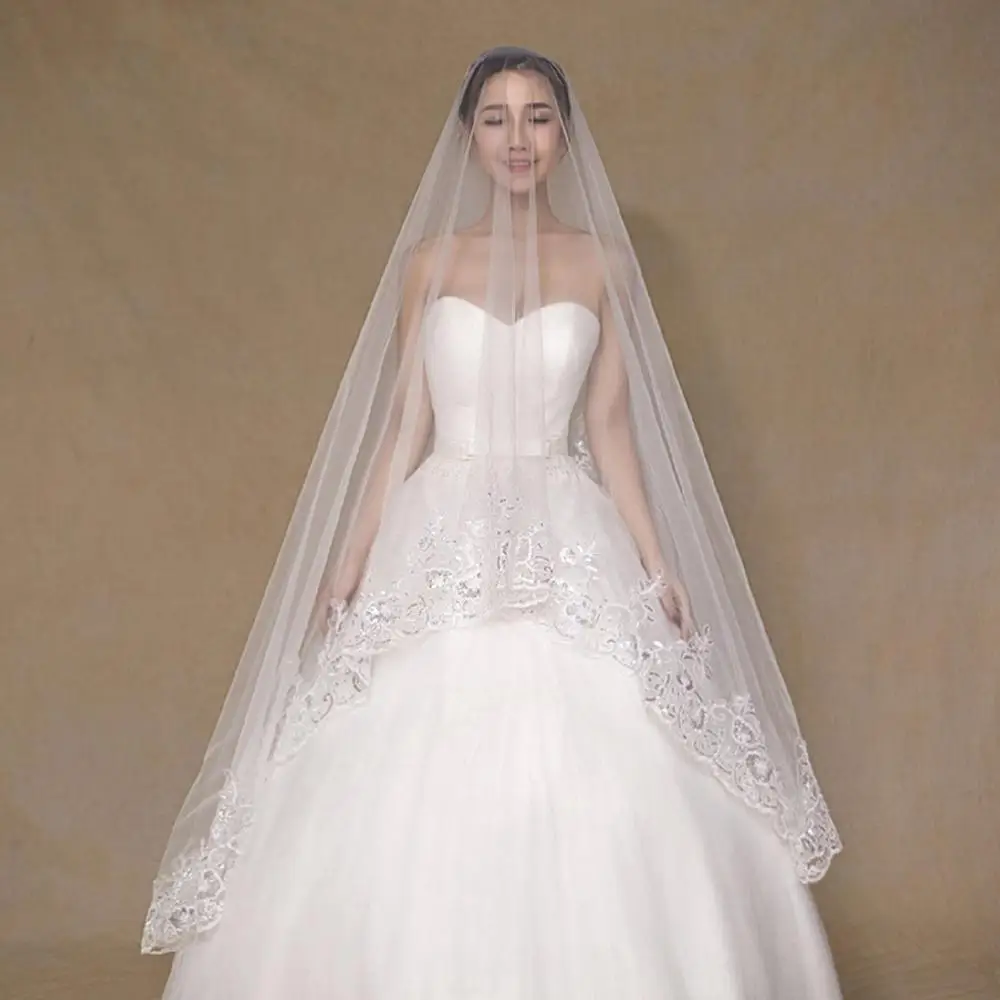 2019 New Arrival Branco Apliques Tulle Wedding Veil Lace Borda véu de noiva longo Véu de Noiva com Pente Para O Casamento