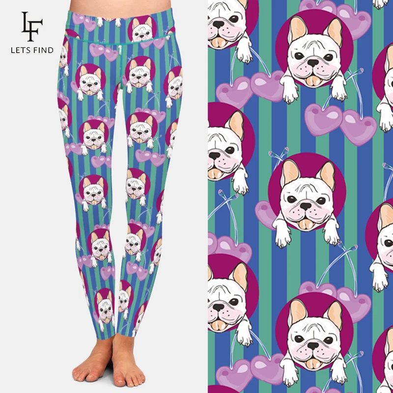 LETSFIND Vertical Stripes Print Cartoon Dog Design Women Polyester Leggings High Waist Elastic Slim Soft Ankle-Length Leggings