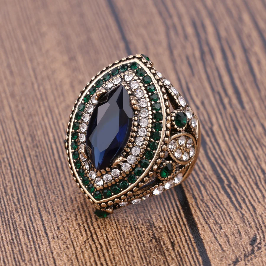 Bulgaria Jewelry Luxury Big Gold Wedding Rings For Women Vintage Green Crystal Blue Stone Ring Fashion Boho Accessories