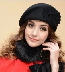 Lady Warm Fedoras Hat Girls Woolen Fedoras Cap Cute Fashion Double Flowers Berets Cap Woolen Hats Caps Women's Hats B-8914