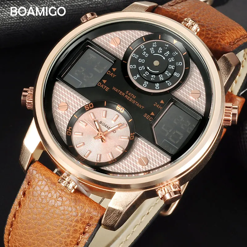 Men Quartz Watches 3 time zone Watch BOAMIGO LED Digital Sports Watches Male Leather wristwatches Man Clock Relogio Masculino