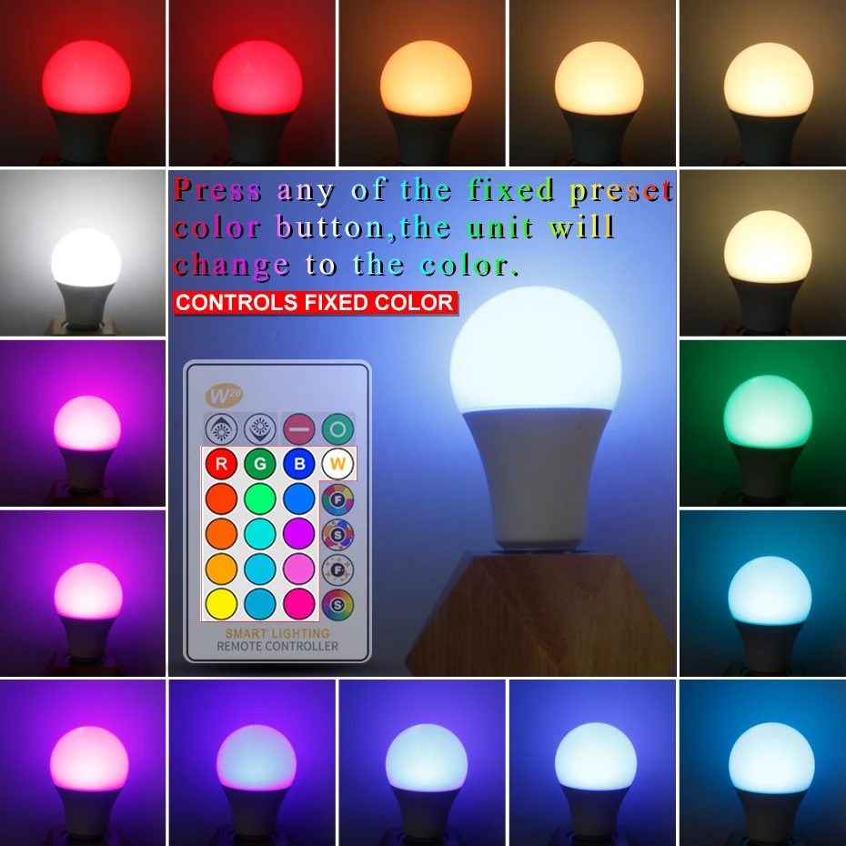 LED RGB電球,交換可能な電球,5W,10W,15W,rgbw,85-265v,魔法の休日,rgb,リモコン付き,16色
