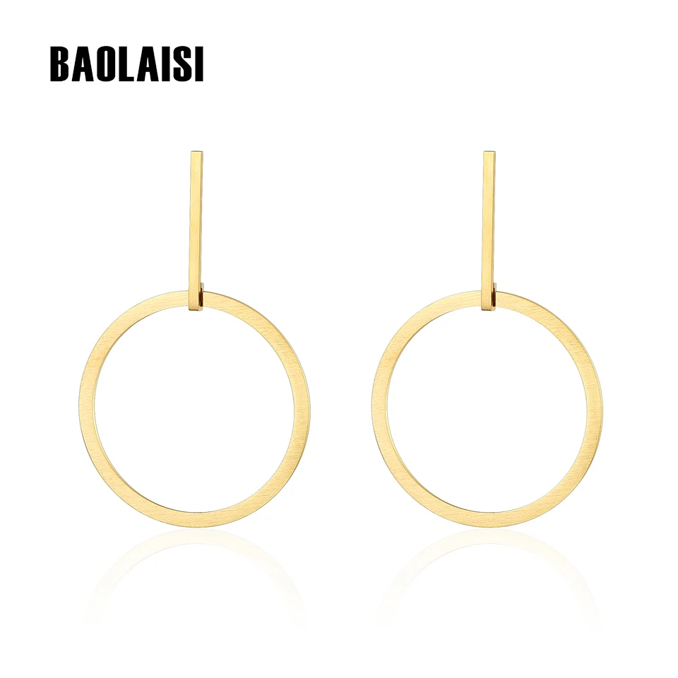 BAOLAISI Big Circle Round Stud Gold Color Stainless Steel Steampunk Style Long Dangle Earrings For Women Fashion Party Jewelry