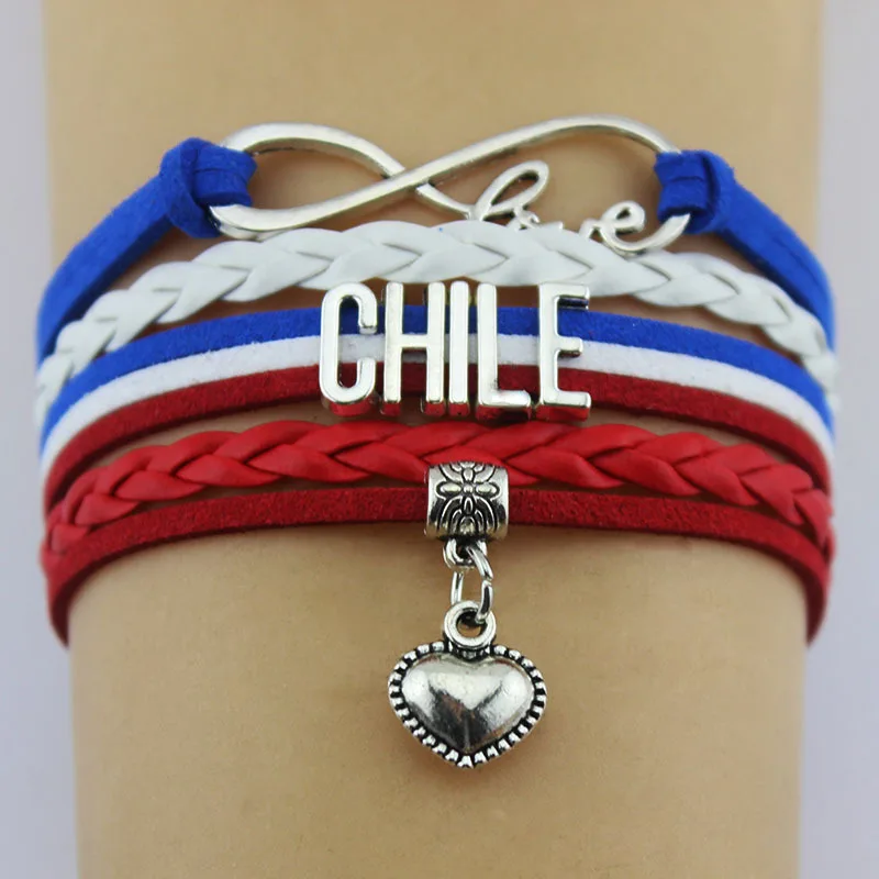 10PC/Lot Infinity love Chile Morocco Brasil Ukraine flag bracelet heart Charm leather wrap bracelets & bangles for women and man