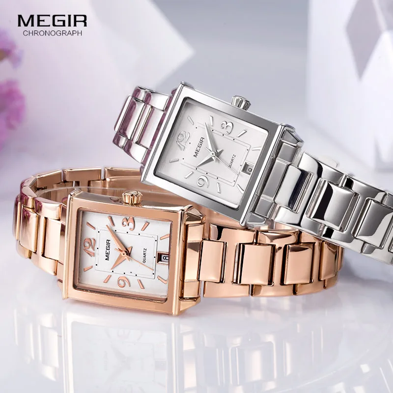 Megir Stainless Steel Bracelet Date Analogue Display Quartz Watch for Ladies Girls Luxury Simple Rose Gold Wristwatch for Women