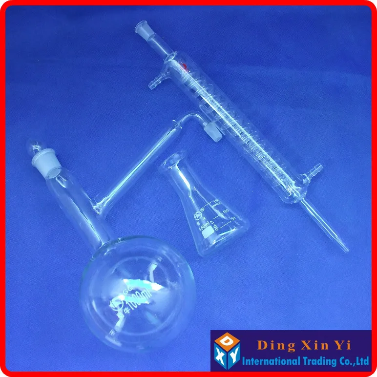 1000ml Distiling Apparatus with ground glass joints,Glass distillation unit,distillation flask+graham condenser+conical flask