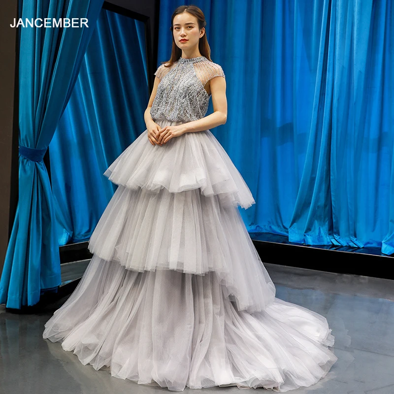 J66701 jancember party dress elegant halter A-line lace up sweep train tiered floor length evening dress вечерние платья 2019