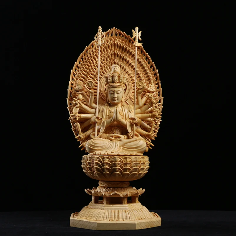 Handmade Guan Yin Decor with Light Enhancing, Lotus-Seated Wooden Buddha, Japanese-Inspired, Elegant, 1000 Hand