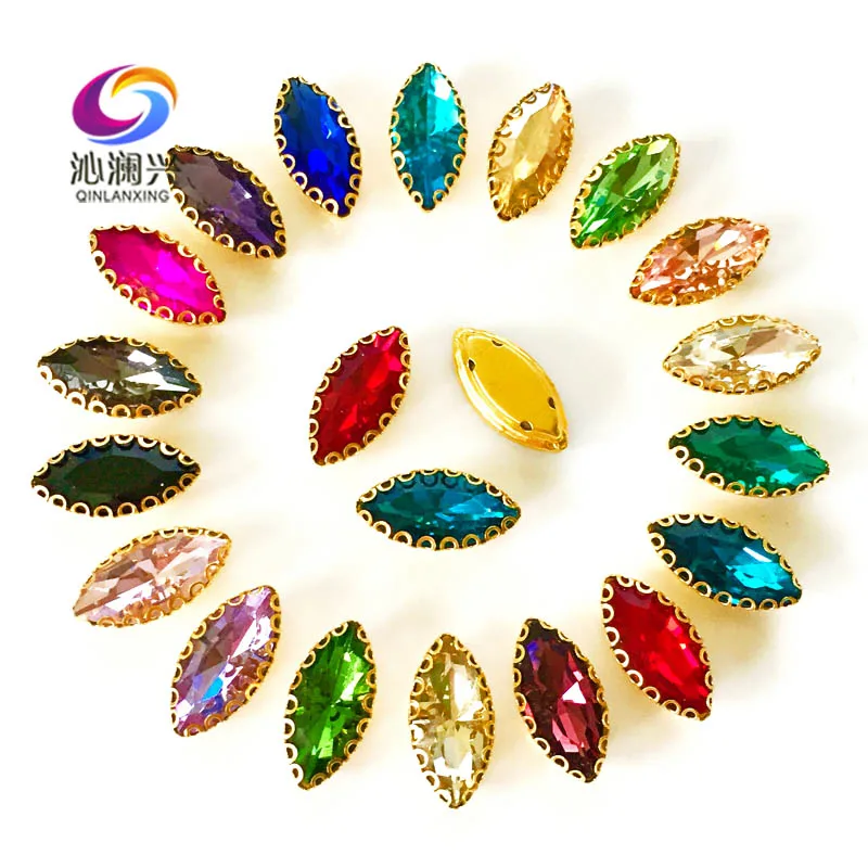 7x15mm 30pcs/bag Horse Eye Shape Glass Crystal Sew-on Rhinestones, Golden Base Lace Claw Stone, Diy/Clothing Sewing Accessories