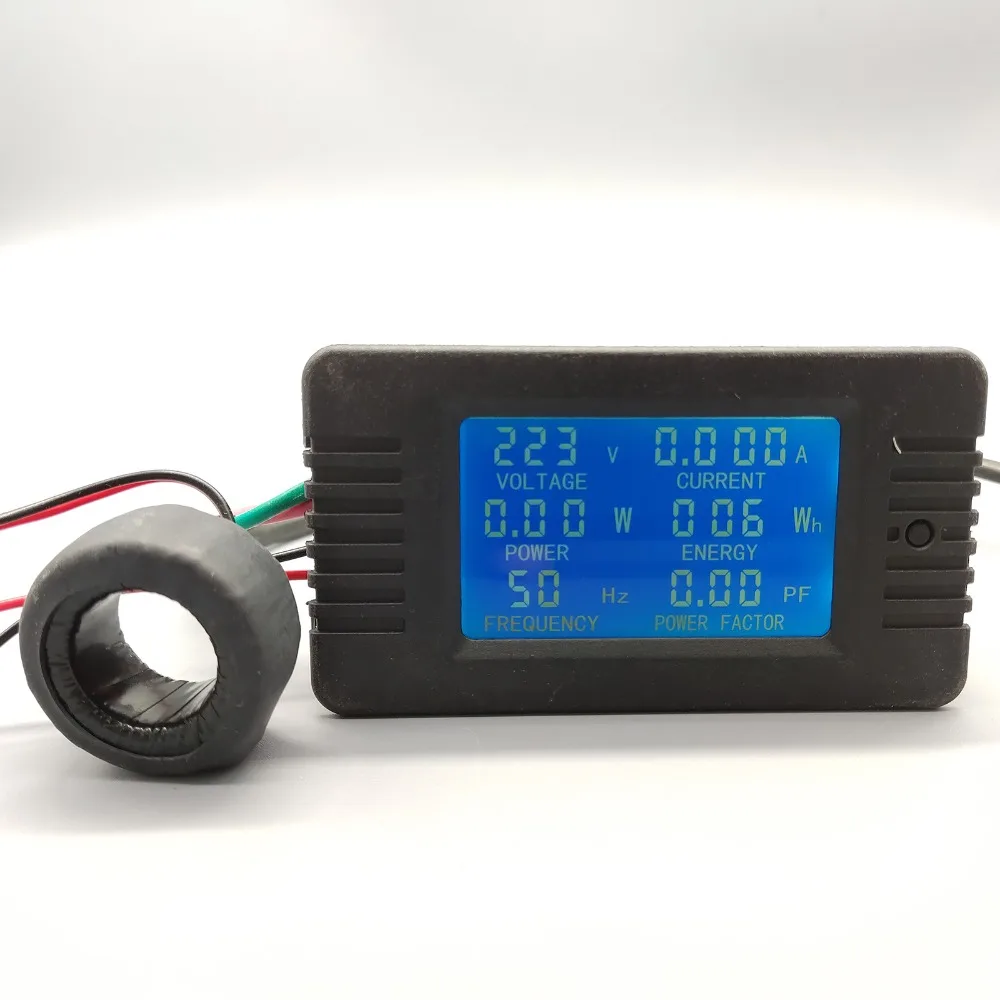 6 in 1 AC 100A Digital Voltmeter Ammeter Energy Power Power Frequency Factor Current Panel Meter Detector 110V 220V LCD Blue