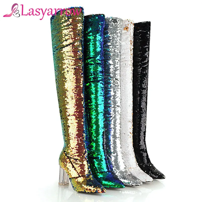 Lasyarrow Autumn Winter High Heels Sexy Over The Knee Boots Gold Silver Knight Boots Glitter Bling Bling Women Nightclub Boots