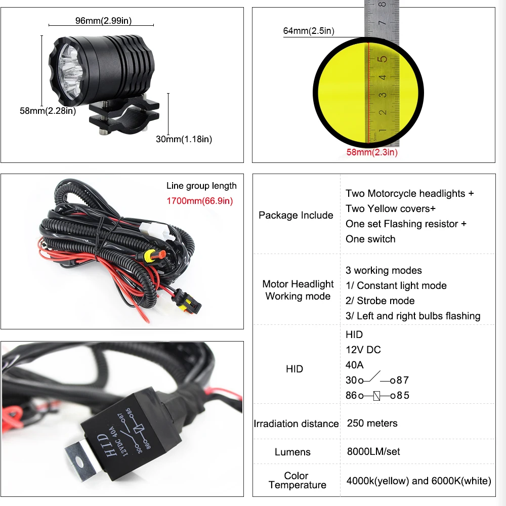 Universal 8000Lm/set Led Motorcycle Headlight + Flash line group +Switch fit SUV Motorbike Spotlight Head bulb 12V DIY Colors