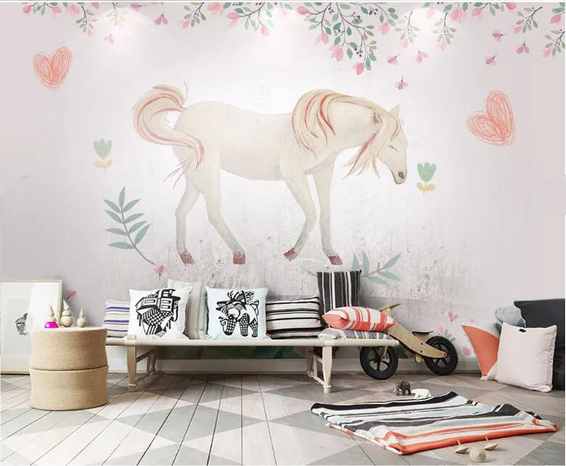 Custom watercolor white horse wallpaper,living room TV sofa background children bedroom 3d cartoon mural papel de parede