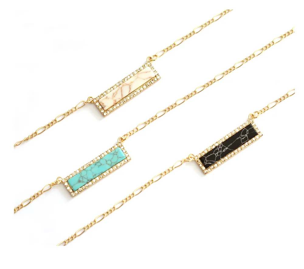 Fashion Retangular Bar Style Pave Crystal Faux Marble Stone Colors Geometric Marble Stone Insert Pendant necklace