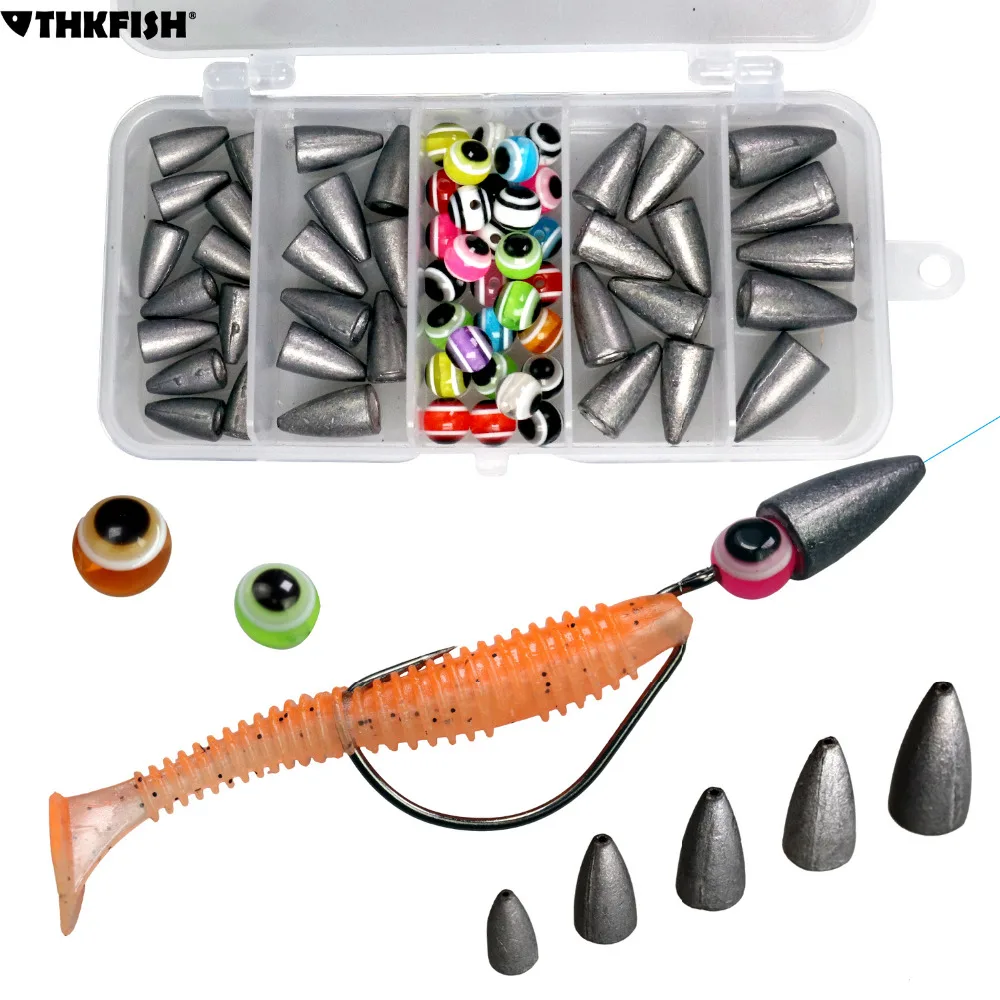 THKFISH 64pcs Texas Rig Lead Sinker 3.5g 5g 7g 10g Bullet Lead Sinkers Fish Eye Beads Fishing Weights Kit Freshwater Sea Fishing