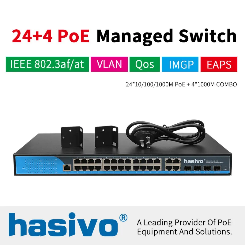 24 port Beheerd Poe Ethernet Switch 400W managment schakelaar met 24 port 10/100/1000M Rj45 poE 4 Port SFP fiber COMBO