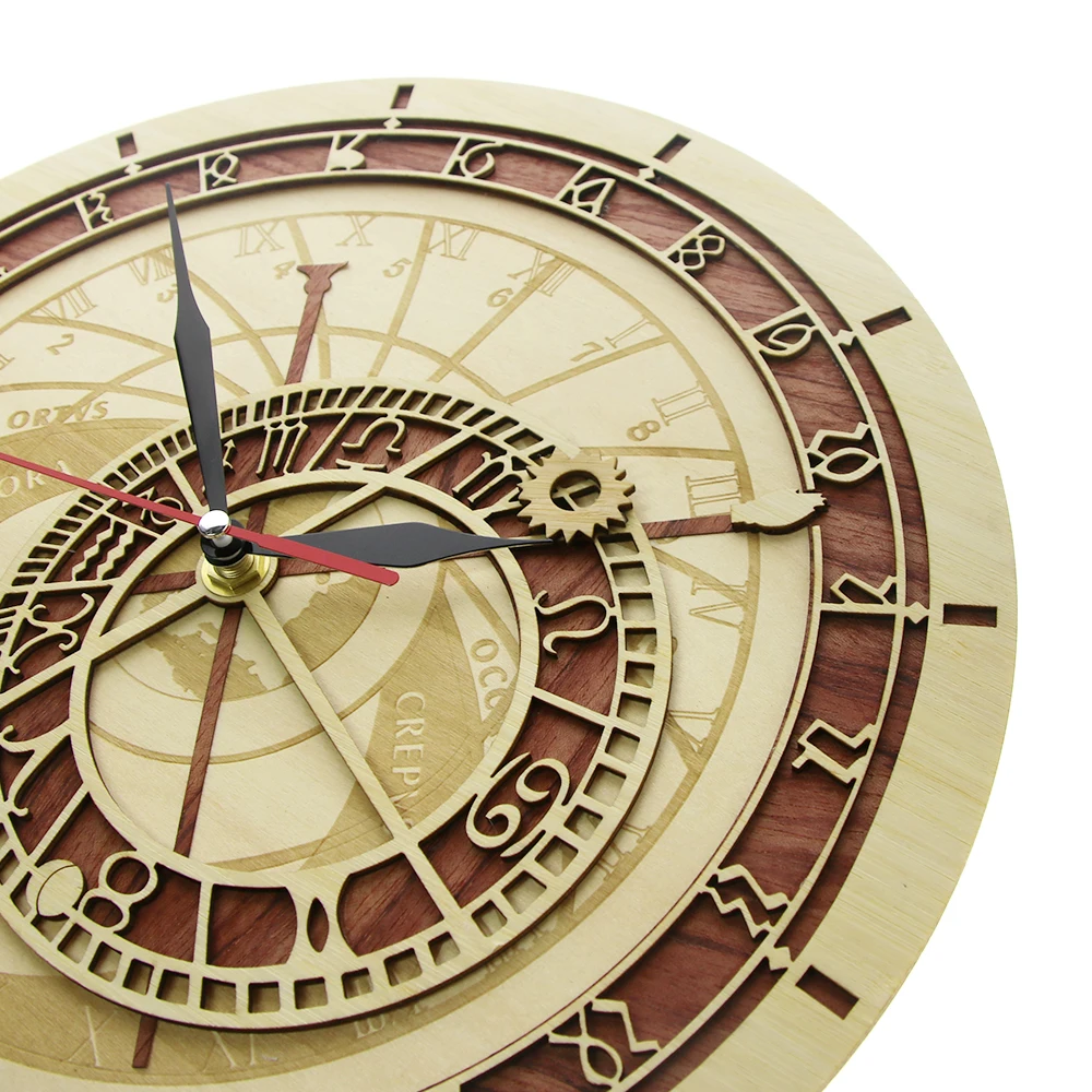 Prague Astronomical Clock in Wood Czech Republic Medieval Astronomy Wall Art Astrology Decorative Wall Watch Artwork Prague Gift