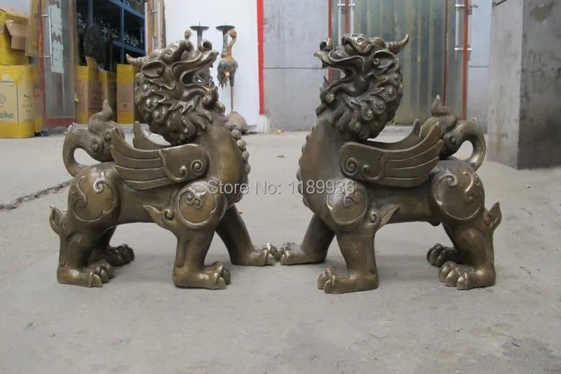 China Bronze Copper Foo Dog Lion Dragon kylin Kirin Auspicious beast Statue Pair