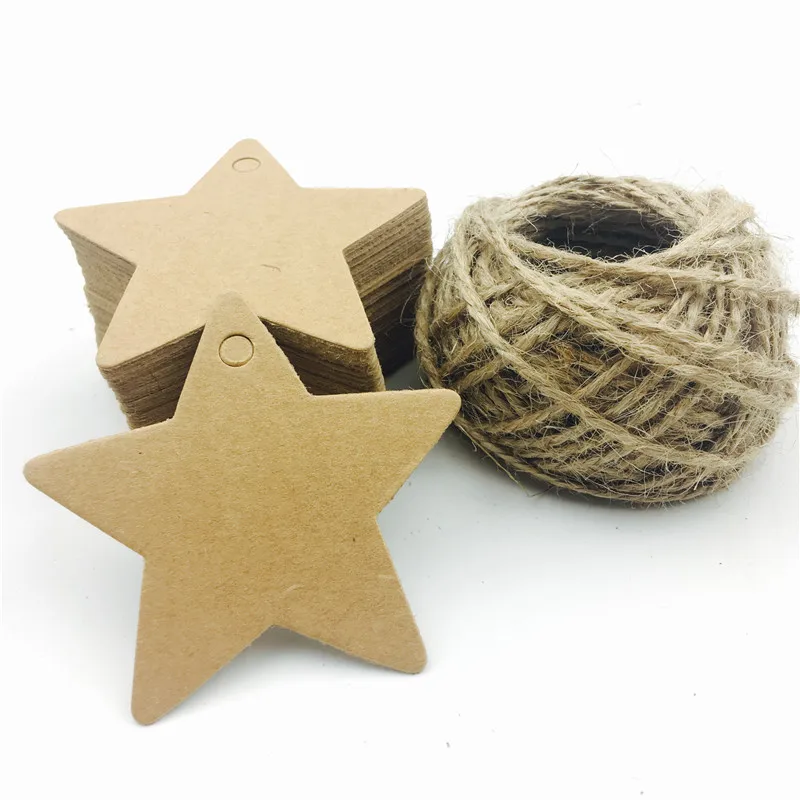 100pcs/lot White Black Brown Kraft Paper Tags DIY Mini Food Label Star Shaped Wedding Card Blank Price Hang Tag Strings 6*6cm