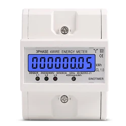 Din Rail 3 Phase 4 Wire Electronic Watt Power Consumption Energy Meter Wattmeter kWh 5-80A 380V AC 50Hz LCD Backlight Display