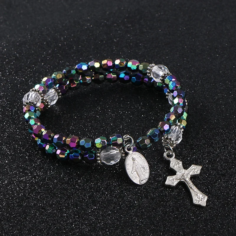 KOMi 6mm Acrylic Double Layer Colored Beads Cross Pendant Bracelet Jesus Religious Orthodox Catholic Charm Rosary Jewelry Gift