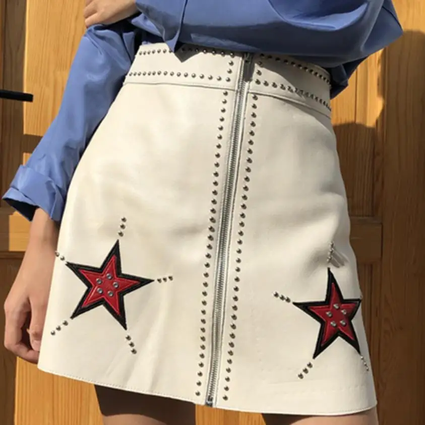 

Winter Skirt Women 2022 New Mini PU Leather Skirt Star Rivet Skirts A-LINE