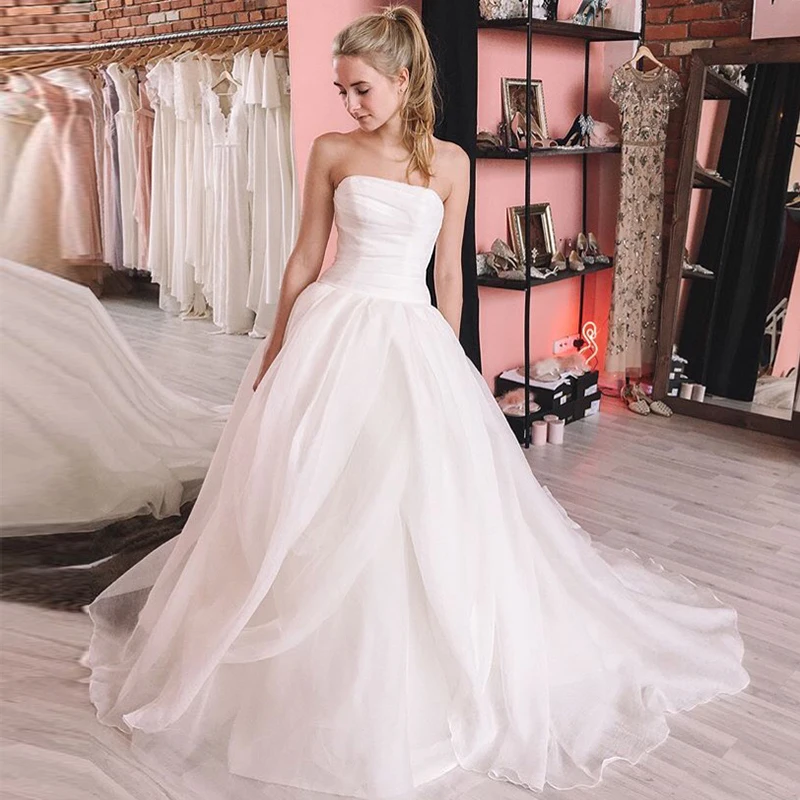 

Princess A-line Wedding Dress Strapless Tiered Organza Zipper Back Simple Robe De Mariee 2019 White Ivory Custom Bridal Dresses