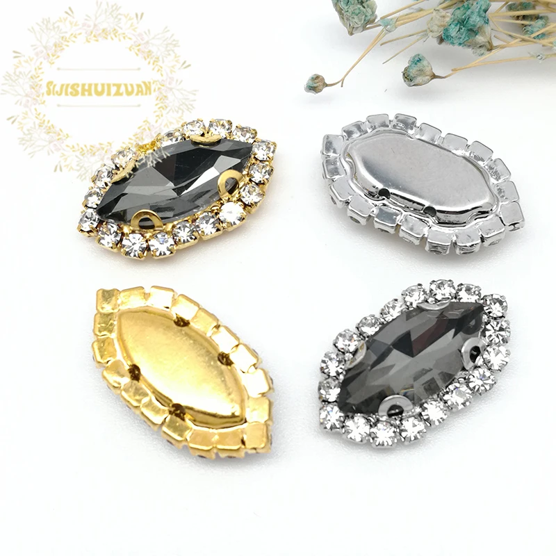 Shiny Gray Horse Eye Shape Glass Crystal Sew On Rhinestones Gold/Silver Bottom With Crystal Buckle Diy Wedding Dresss