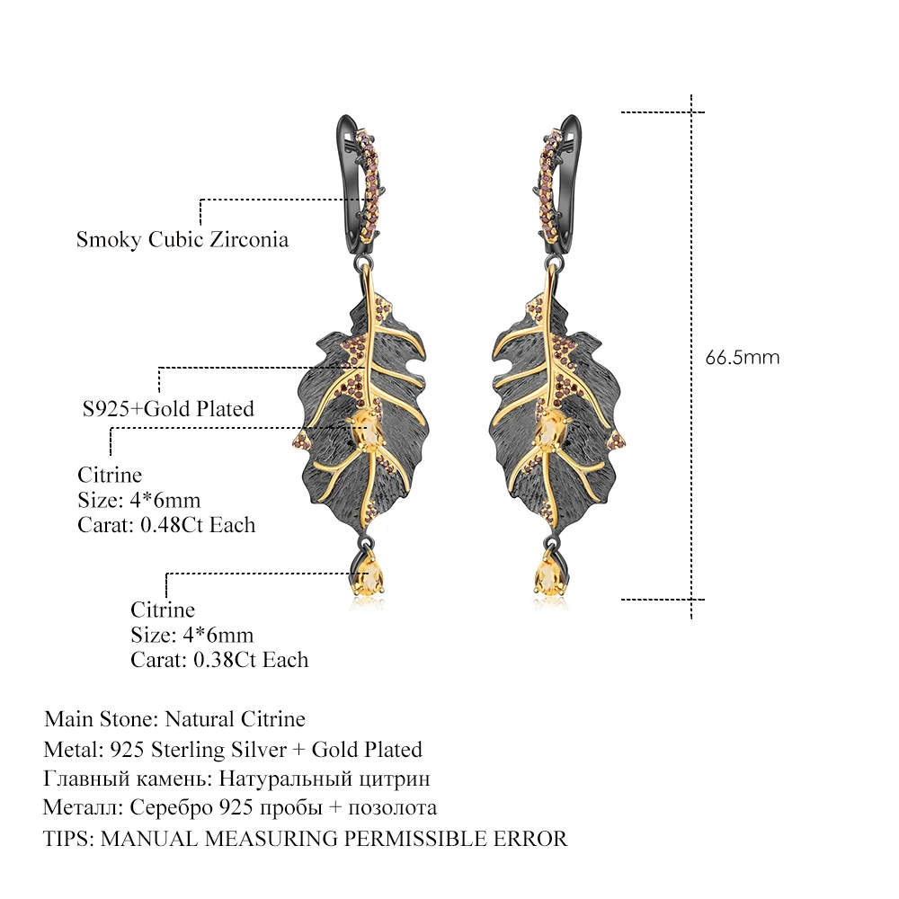 GEM\'S BALLET Georgia O\'keeffe 0.97Ct Natural Citrine 925 Sterling Silver Handmade Monstera Leaves Drop Earrings for Women Bijoux