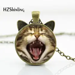 CN-00792 2017 New Yawning Cat Necklace Brown Cat Pendant Jewelry Girls Glass Cabochon Necklace HZ2