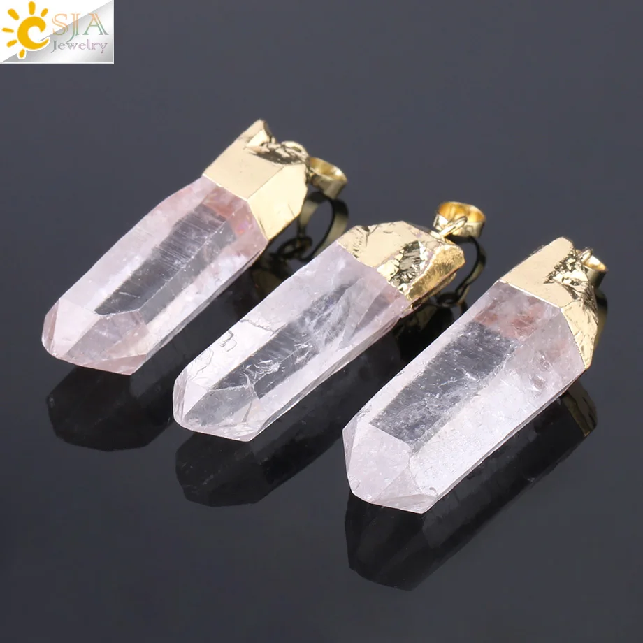 CSJA Irregular Natural Crystal Pillar Pendants Healing Clear Quartz Necklace Gold Color Necklaces for Women Men Random Size F804