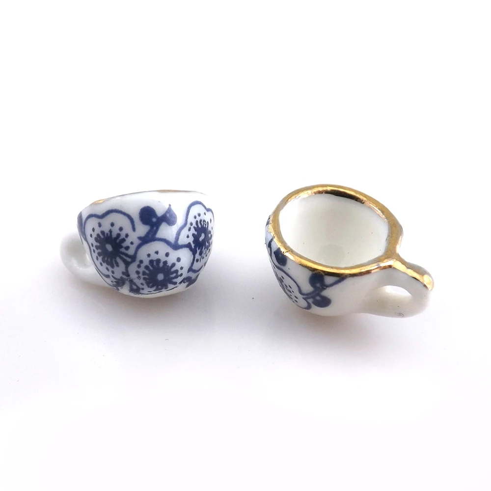 50pcs/lot Blue Flower Printed Antique Chinese Style Teacup Pendants 16x11x9mm Ceramic Charms For DIY