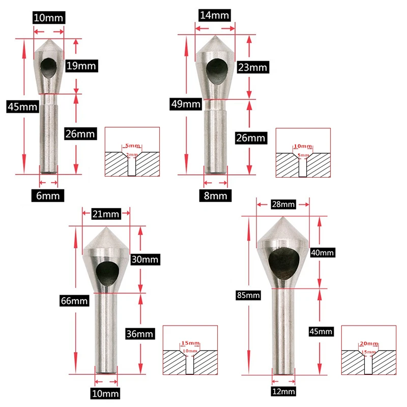 4pcs Chamfer Countersink Deburring Drill Bit Set 90 Degree Expanding Drill 2-5-10-15-20mm Metal Taper Hole Cutter Tools