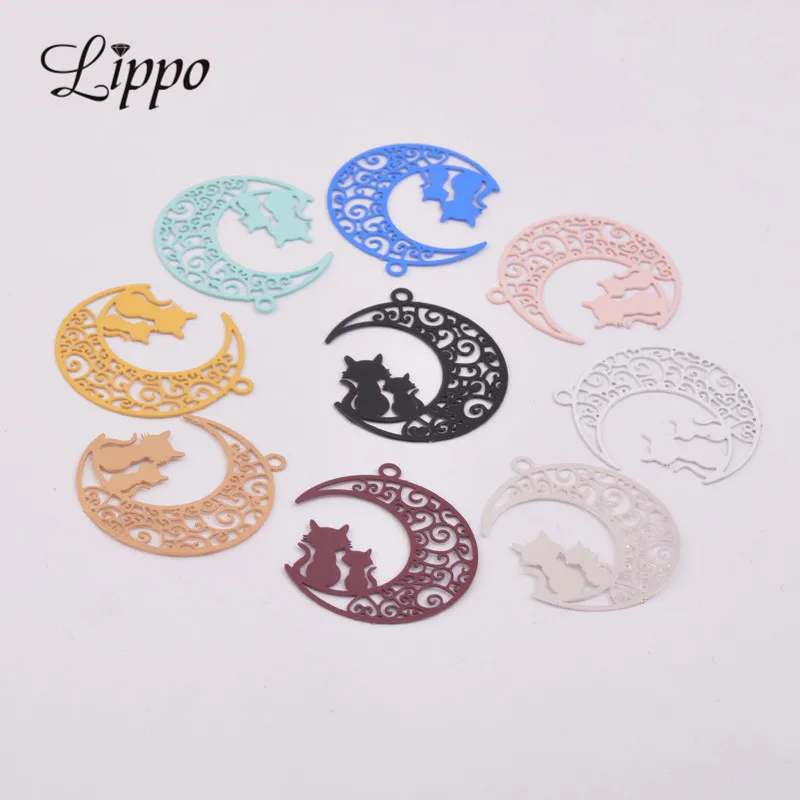 LIPPO 50pcs AC6189 laiton filigrane lune et chat breloques chats noirs pendentifs connecteurs fermoirs pour fabrication bijoux