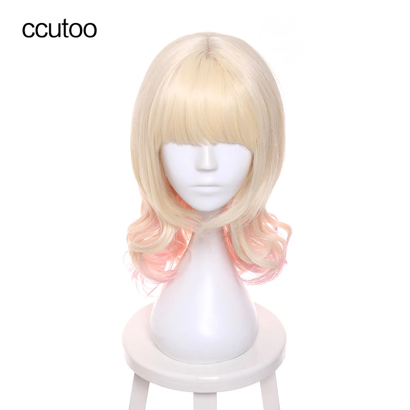 ccutoo Diabolik Lovers Komori Yui 40cm Pink Blonde Ombre Mix Curly Medium Flat Bangs Styled Synthetic Hair Cosplay Full Wigs