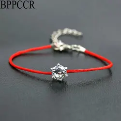 BPPCCR Thin Red Rope Thread String Bracelets Women Girls Silver Color Austrian Crystals AAA Zircon Lucky Charm Bracelet Pulsears