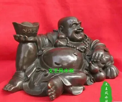 King lying open light copper ingots bronze statue of Maitreya Buddha sack monk Feng Shui Decoration 41cm