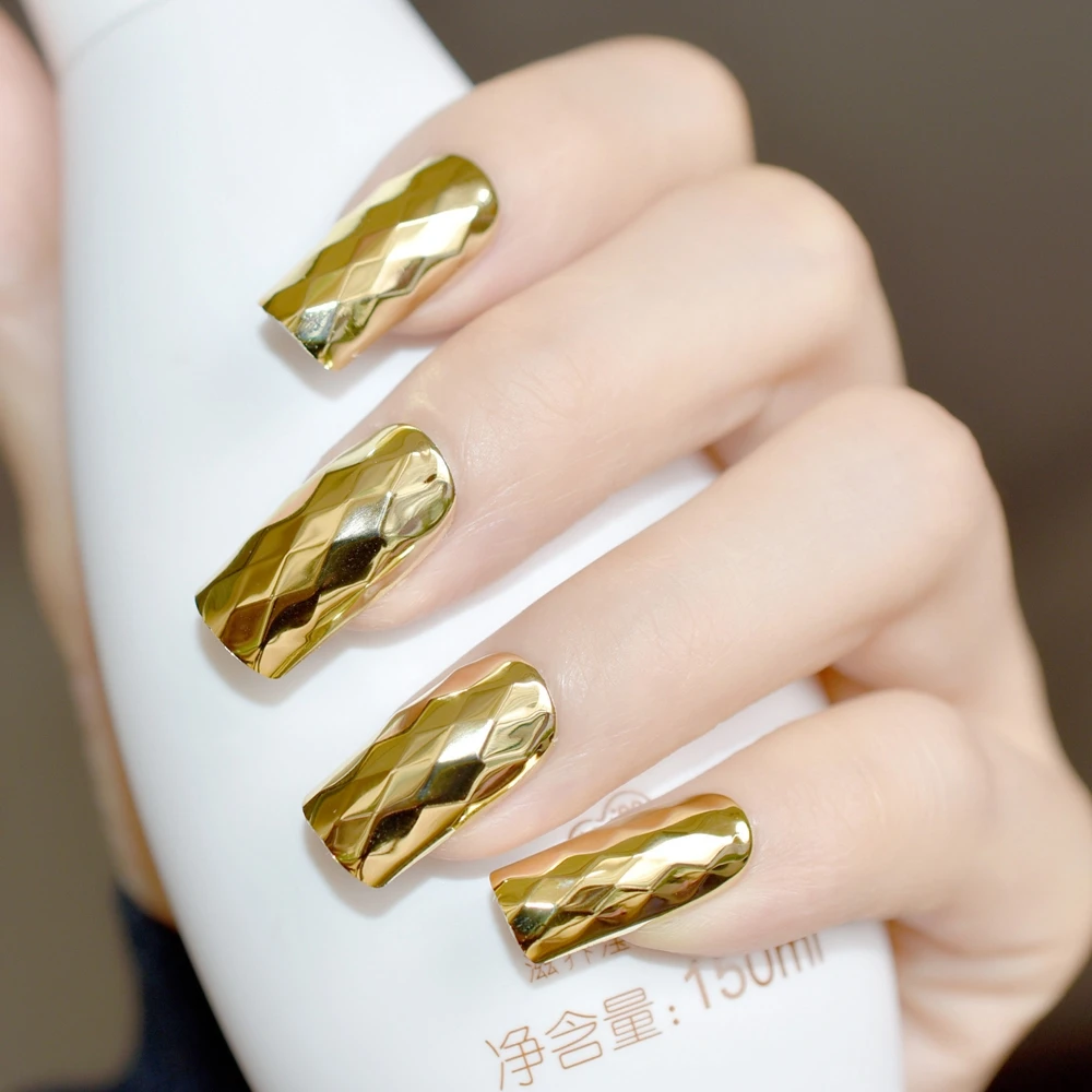 3D Metalen Spiegel Valse Nagels Gold Fake Nail Lange Grootte Ruit Acryl Nail Tips Diy Nail Salon Producten 24Pcs