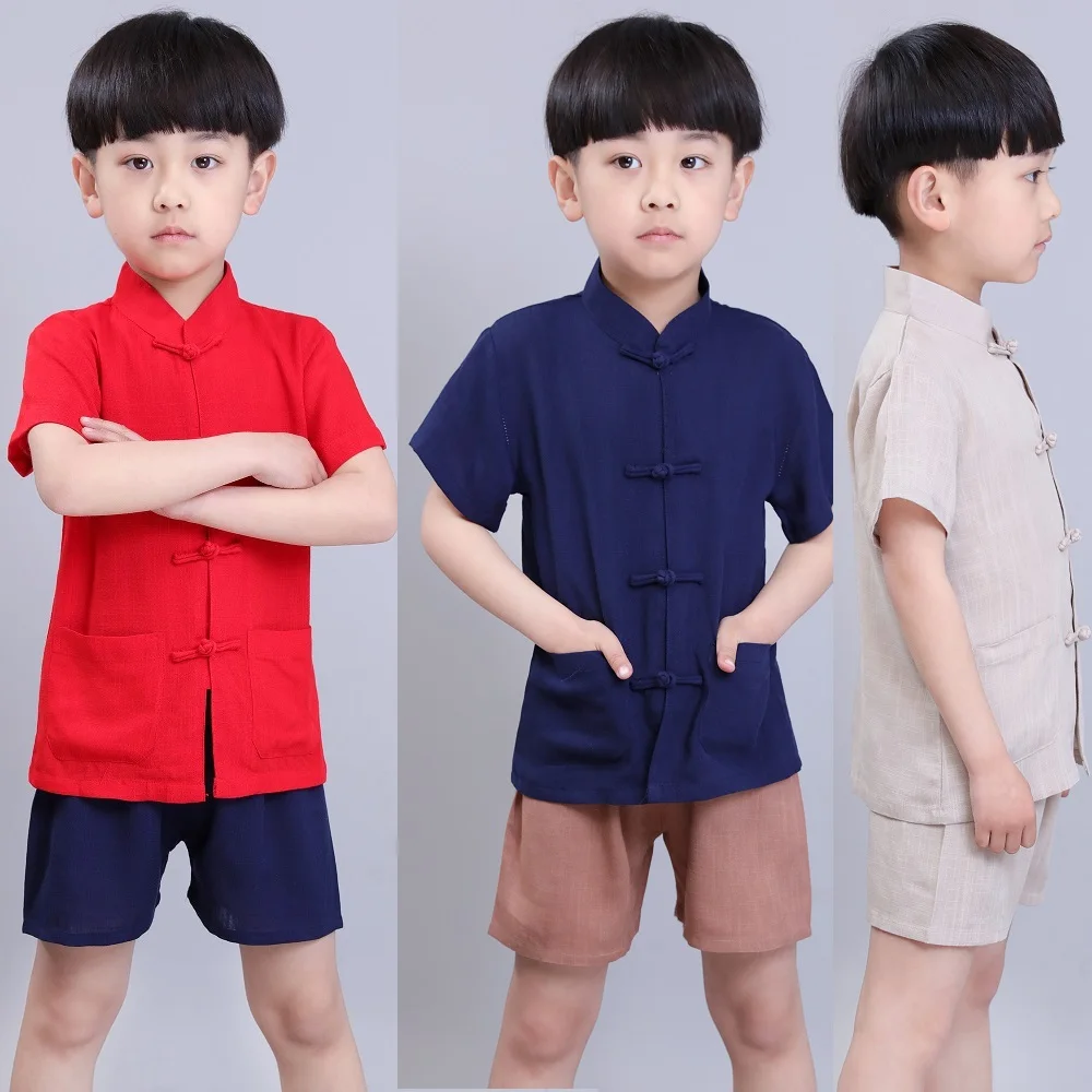 Kungfu Baby Boy Clothes Suits Chinese Traditional Costumes Children Tee Shirt Short Pant Tang Suit Linen Breathable Jersey Tops