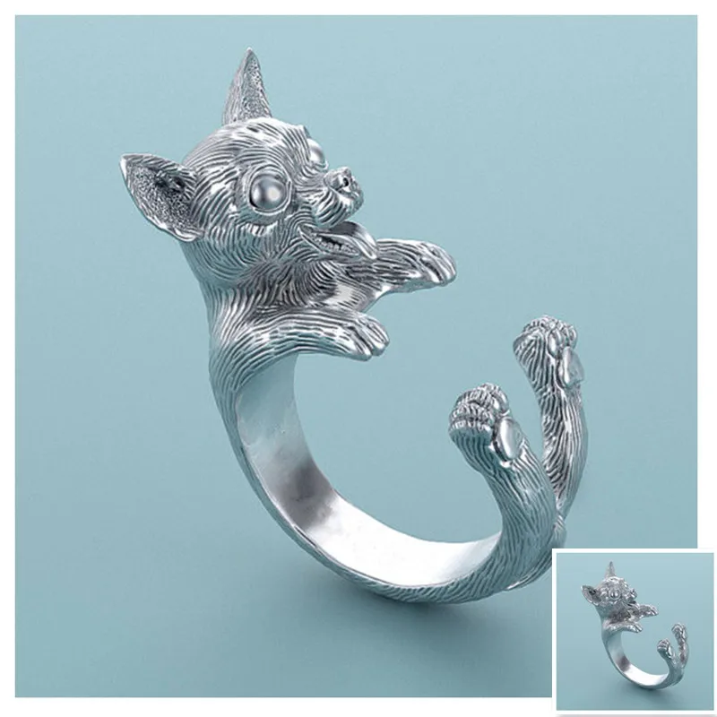 Drop shipping adorable retro Chihuahua dog Ring free size cute animal hippie Chihuahua dog Ring jewelry for women