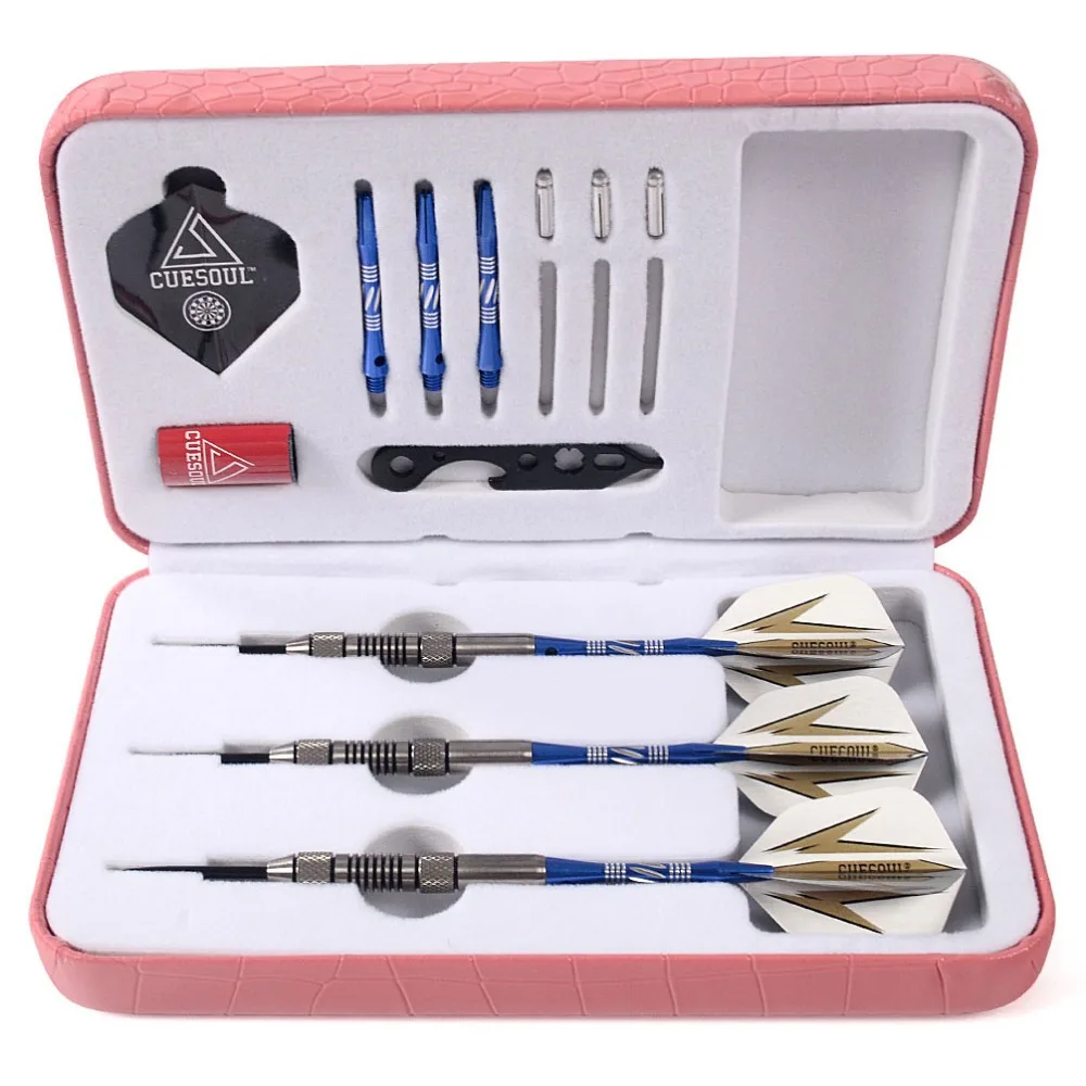 CUESOUL 24 Grams Tungsten Darts,Precise Barrels,Pink Case,Black Flight With Blue Sharpener