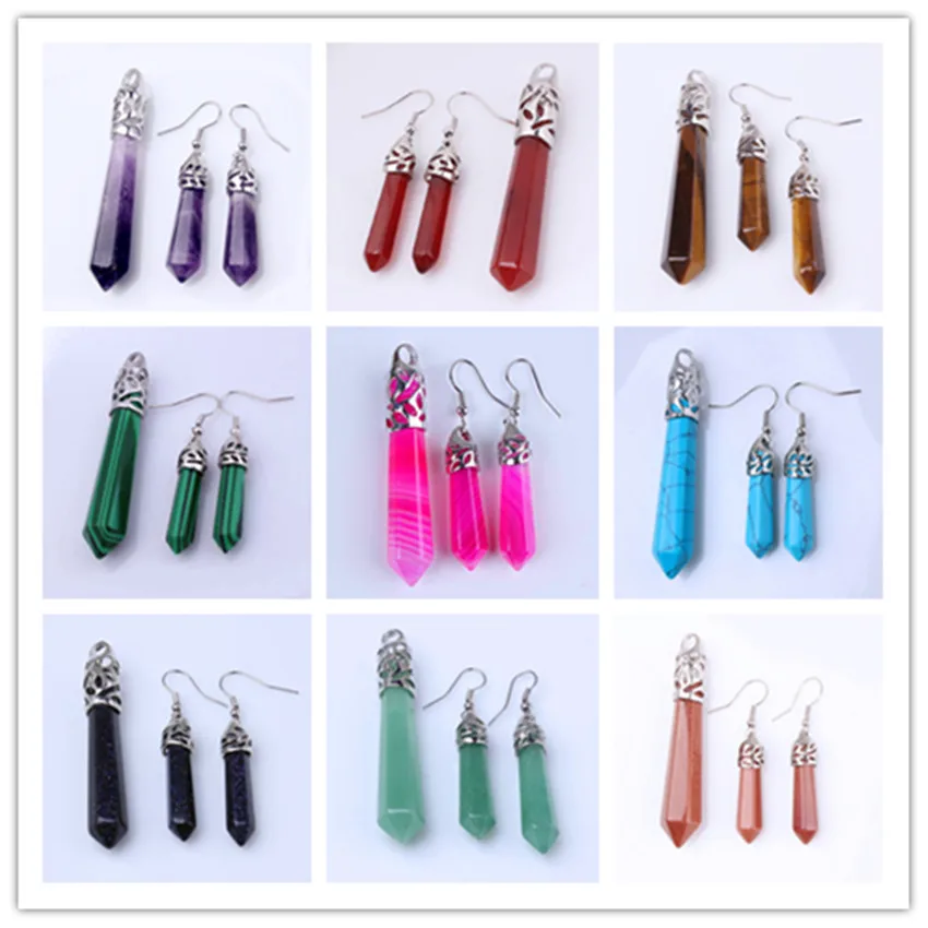 

Natural Amethyst Crystal Rose Quartz Stone Hexagon Prism Pendulum Reiki Stone Pendant Earrings For Women Men Girls Jewelry Sets