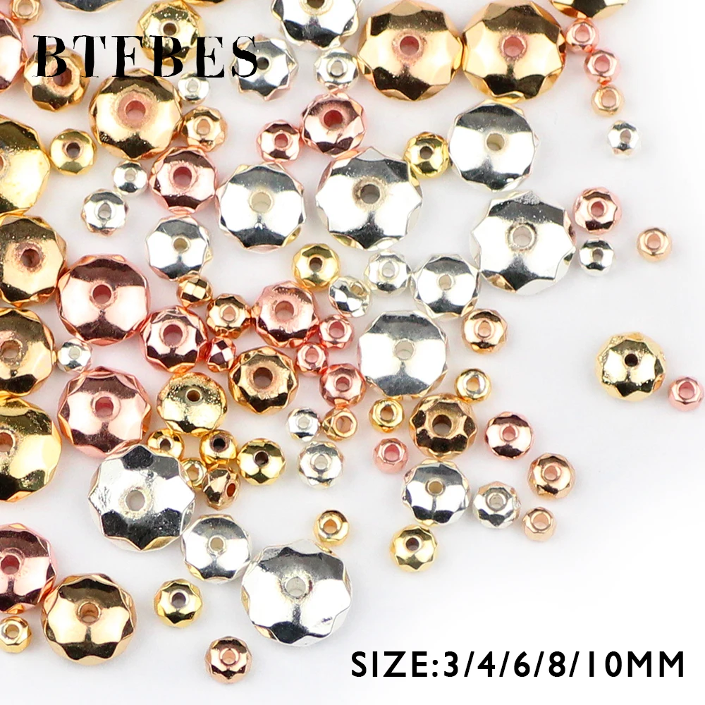 BTFBES Faceted Flat Round Hematite beads 3/4/6/8/10mm Gold Color Silver plated Loose Spacer Spacer Jewelry bracelets Making DIY