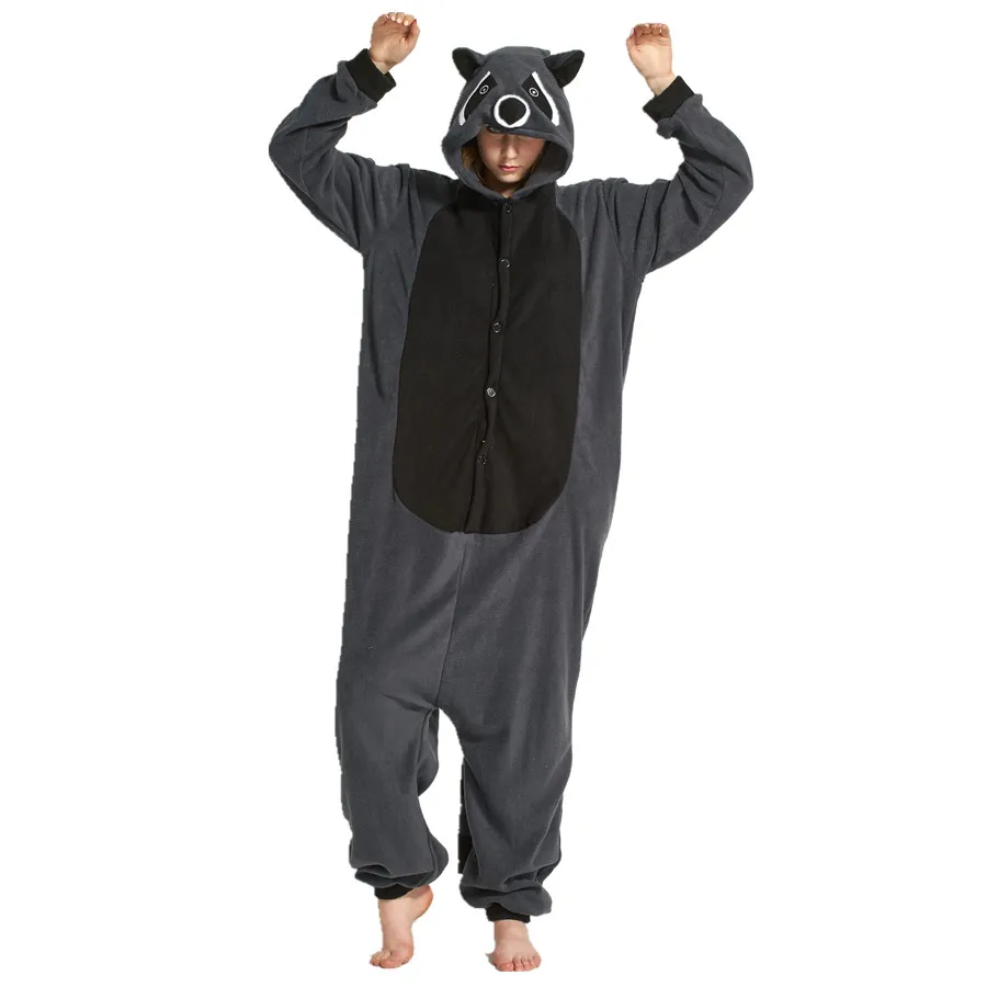 Adults Polar Fleece Grey Raccoon Animal Kigurumi Women\'s Men\'s Onesies Pyjamas Cosplay Costume for Halloween and Carnival Party