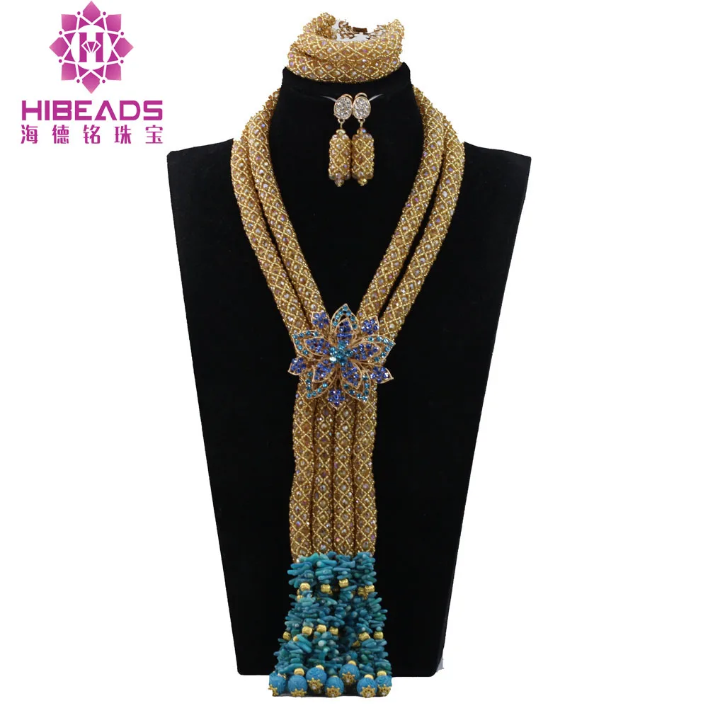 

2017 Nigerian Jewelry Sets Fashion Champagne Gold Crystal African Wedding Coral Beads Pendant Necklace Set Free Shipping ABH448