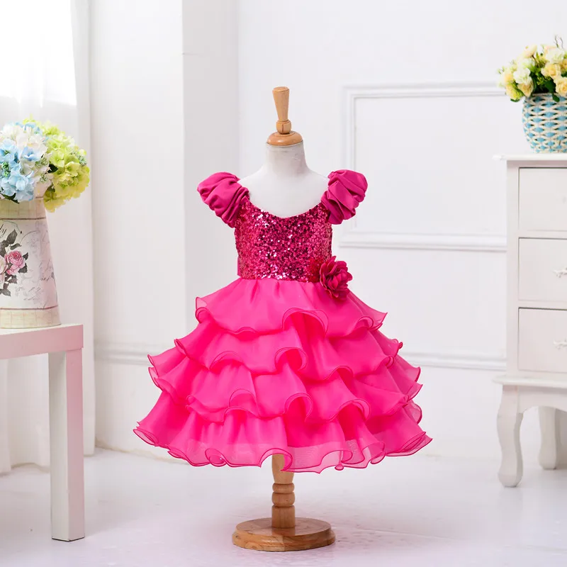 Linia Hot Pink Ruffles Organza Seuqins z krótkim rękawem długie wesele dzieci suknie pierwsza komunikacja sukienka kwiat sukienki dla dziewczynek