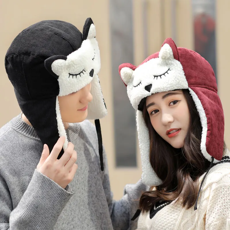 Women Winter Female Bomber Cap Version of Cute Ski Hats Couple Thick Windproof Bike Hat Northeast Ear Protection Cap  B-8838