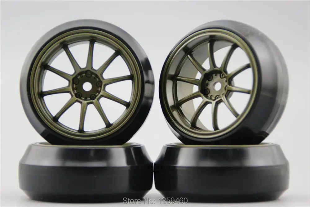 4 pz RC 1/10 Drift Disco Pneumatico della gomma della Rotella Rim W10S2BR 4mm Offset (Pittura Brozen) Adatto Per 1:10 Auto Drift